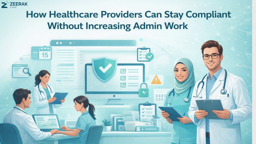 Healthcare professionals using digital systems to manage compliance, electronic health records, and administrative workflows efficiently
