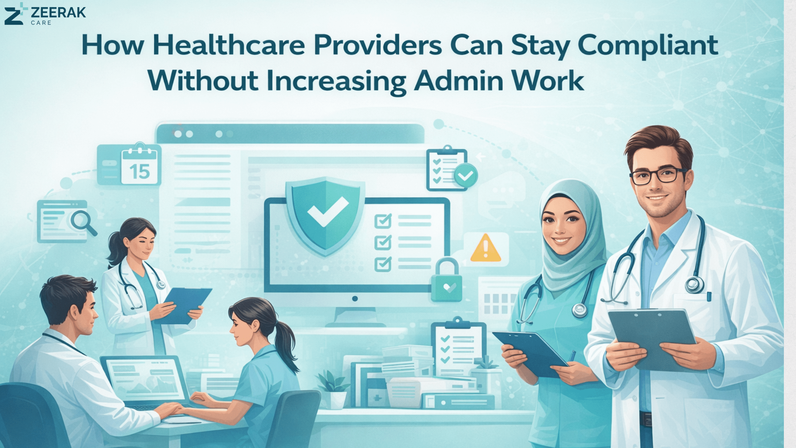 Healthcare professionals using digital systems to manage compliance, electronic health records, and administrative workflows efficiently